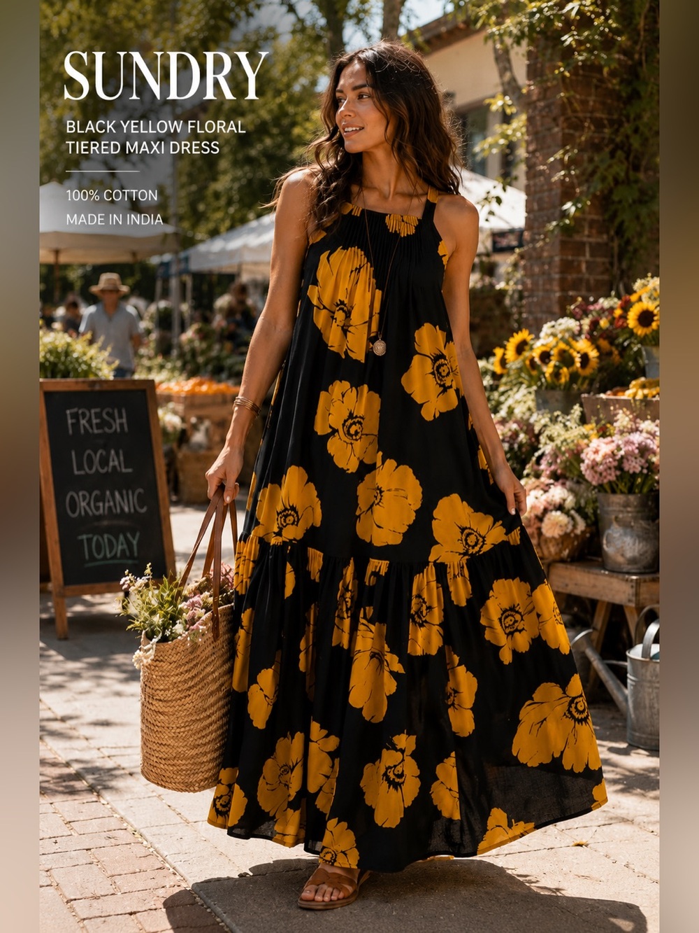 Sundry Black Yellow Floral Tiered Maxi Dress Womens 1 Small Boho Sundress B2